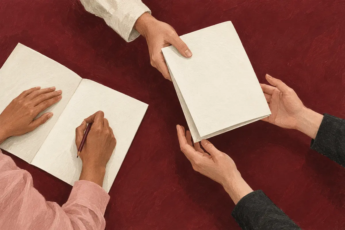 Hands passing a work folder between colleagues, representing the transfer of responsibility.