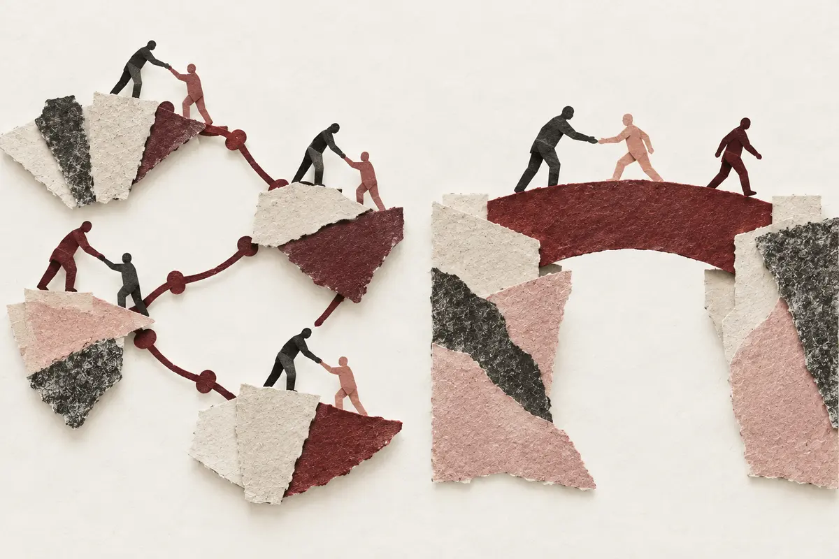 Two paper connection systems representing fractional leadership and interim support.