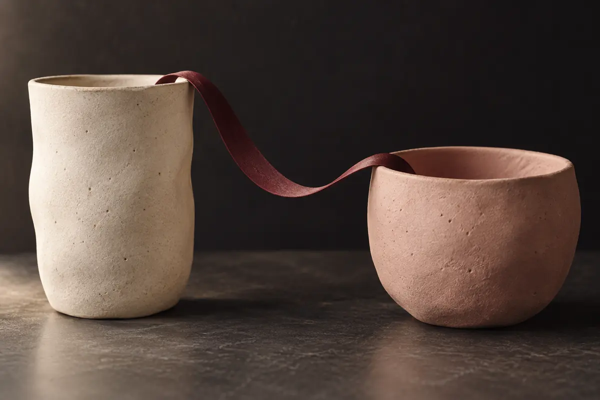 Two ceramic vessels connected by a ribbon, symbolising listening and dialogue.