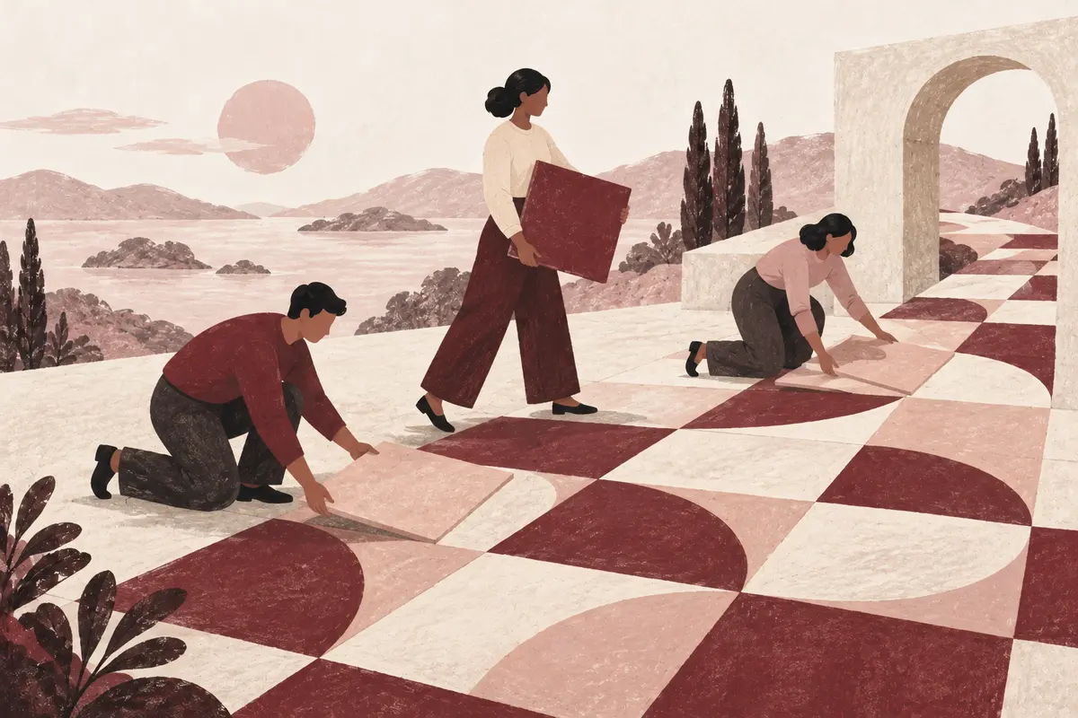 People building a shared pattern, representing culture through everyday decisions.