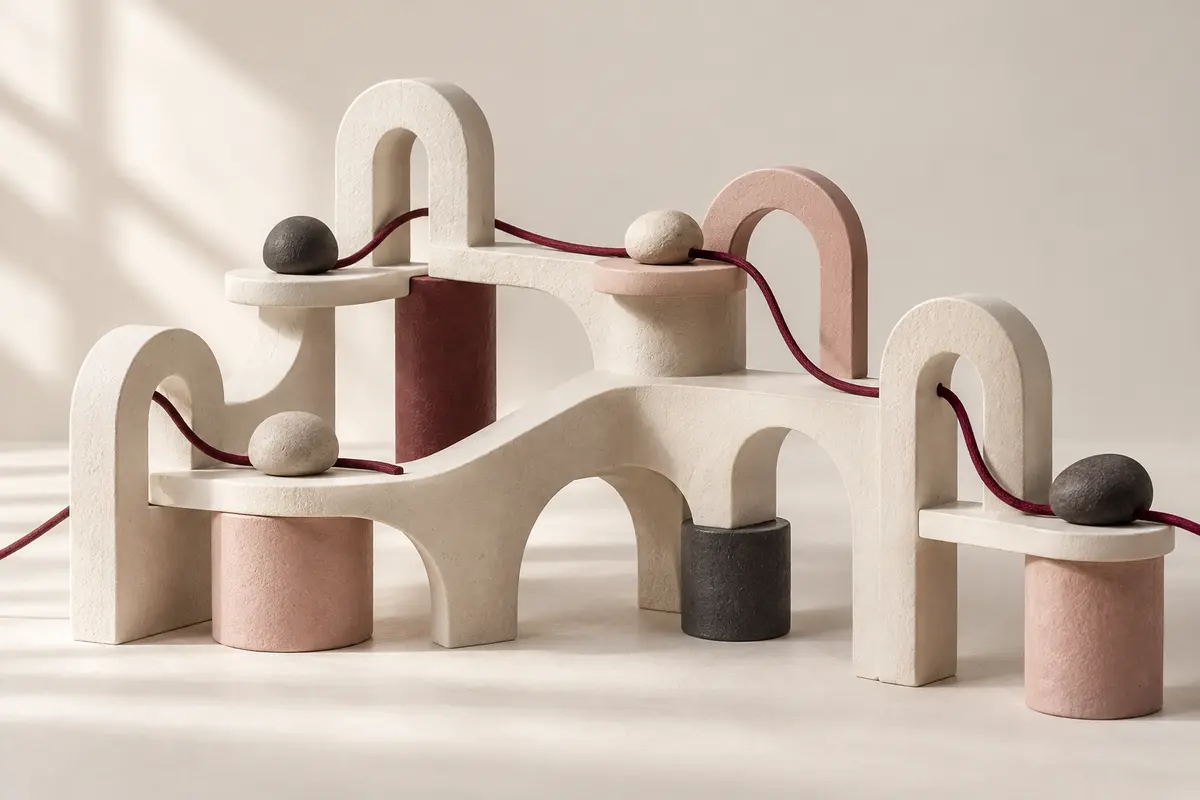 Ceramic arches joined by a thread, representing connected people management systems.