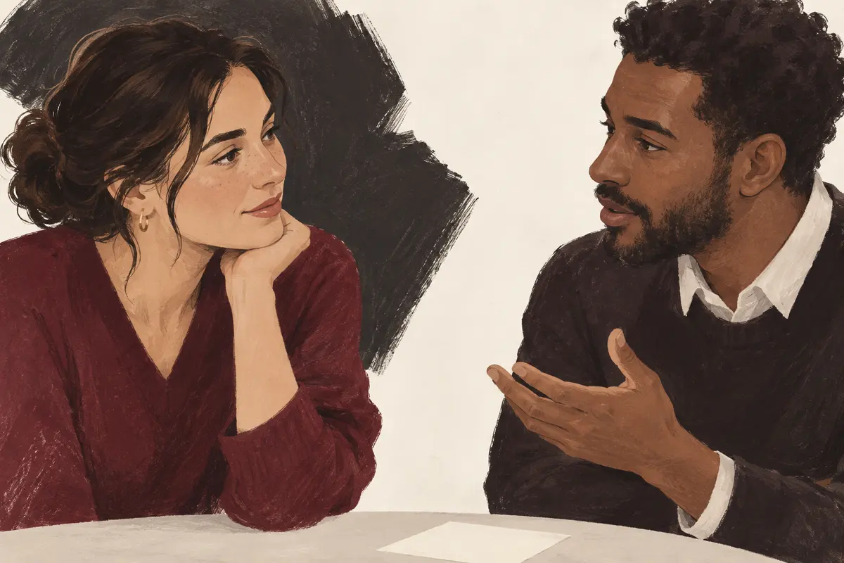 Two people in a feedback conversation, with attention to expressions and gestures.