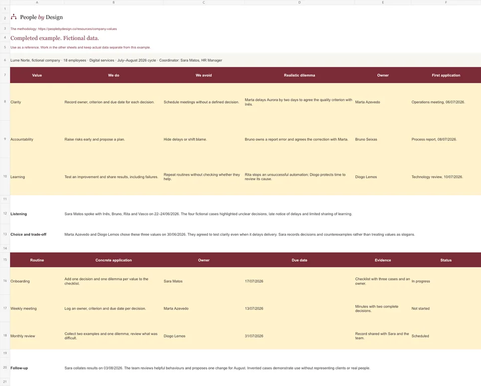 Screenshot of the Example sheet in the Excel template.